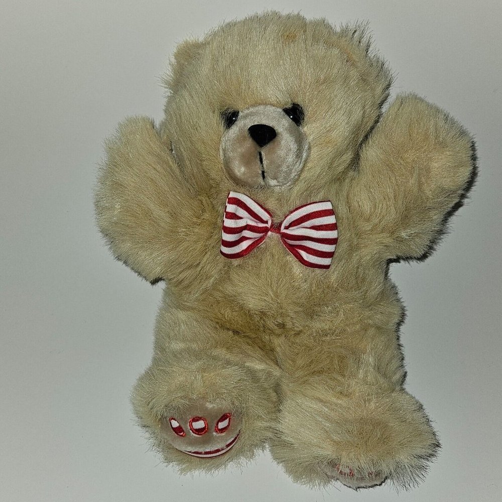 Toy Works Tan Teddy Bear Plush 10" Red White Striped Bow Ears Feet Christmas